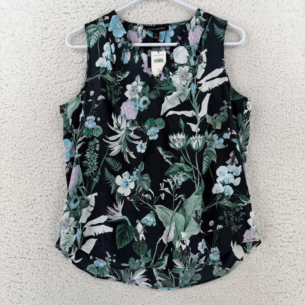 Banana Republic Blouse Womens Petite Small Black Floral V Neck Sleeveless 282371